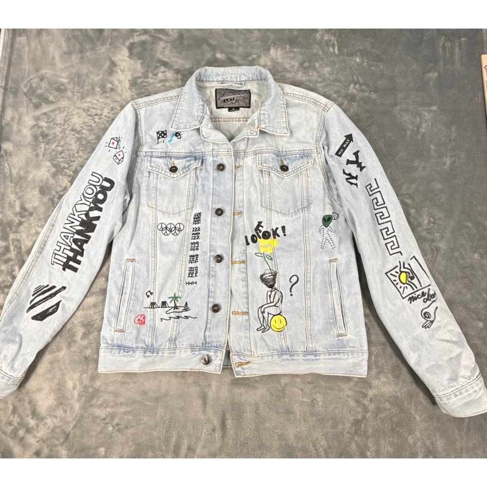 Brooklyn Cloth Black Yellow NYC Graffiti Graphic Denim Trucker‎ Jean Jacket Med